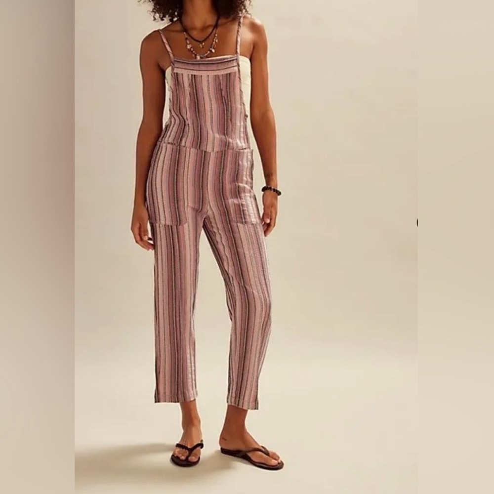 FREE PEOPLE STRIPED FREYA OVERALLS. Cotton, Tie Straps, Beachy, Pockets